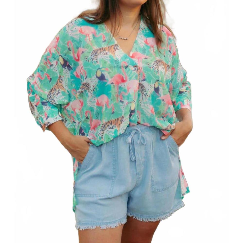 NEW SINCERELY OURS flamingo jungle top in teal